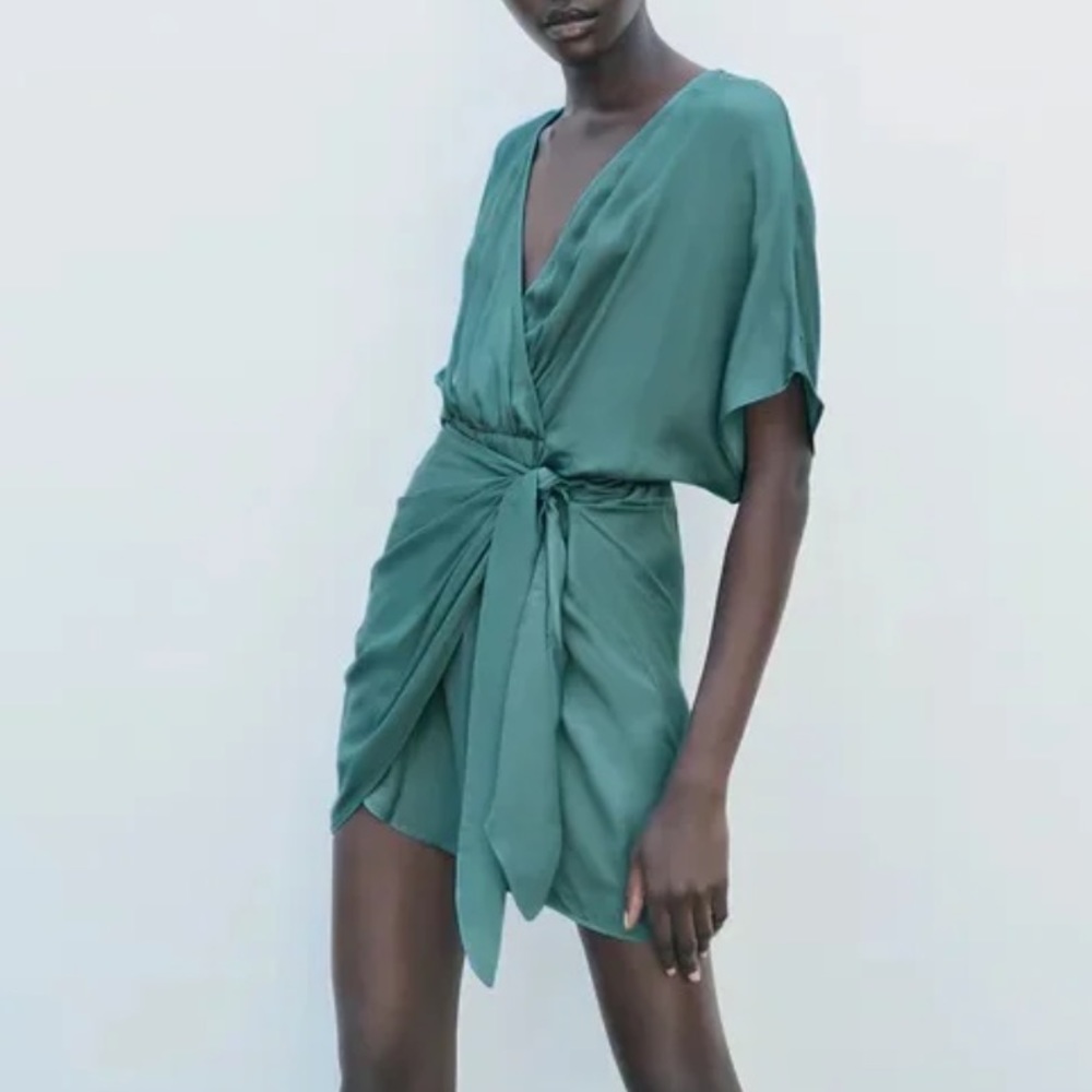 Zara satine effect wrap dress blue green color size medium NWT
